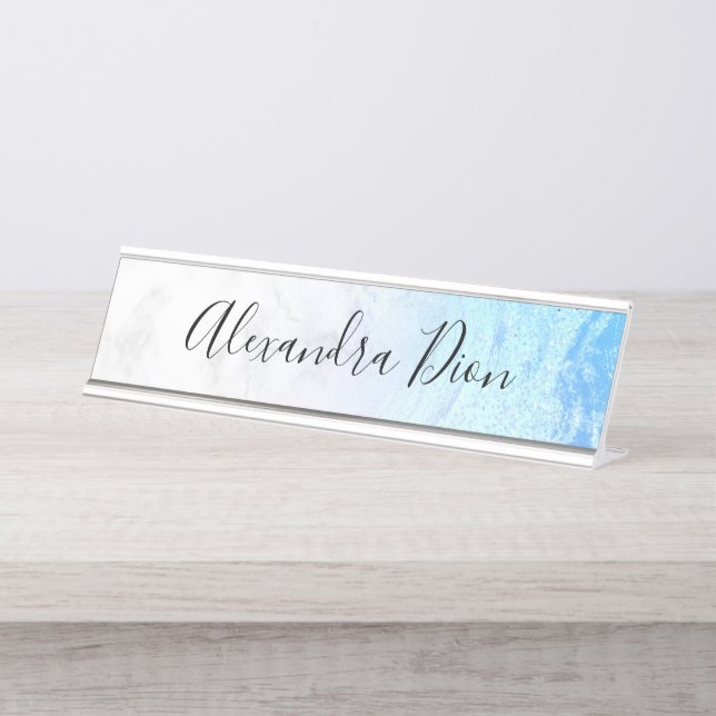 Elegant modern blue glitter white marble  desk name plate (Front)