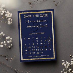 Elegant Modern Blue Gold Calendar Save the Date Announcement Postcard