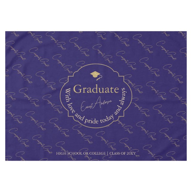 Elegant Modern Blue Gold Graduate Cap Graduation Tablecloth (Front (Horizontal))