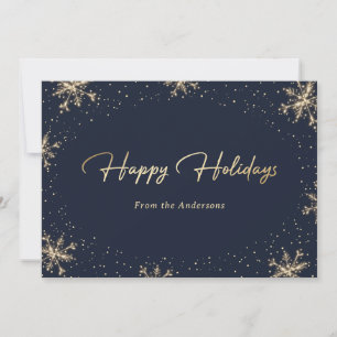 Elegant Modern Blue Gold Snowflake Holiday Card