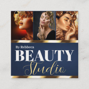 Elegant Modern Blue golden Beauty Salon 3 Photo Square Business Card