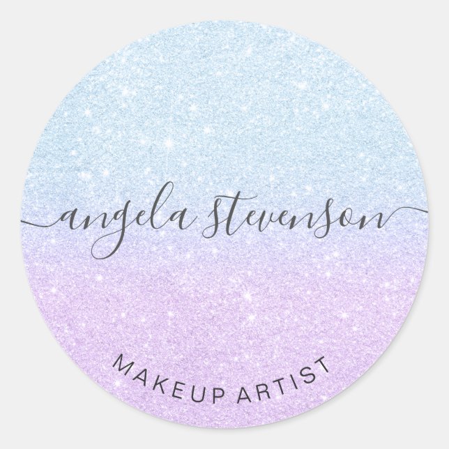 Elegant modern blue & purple glitter makeup classic round sticker (Front)