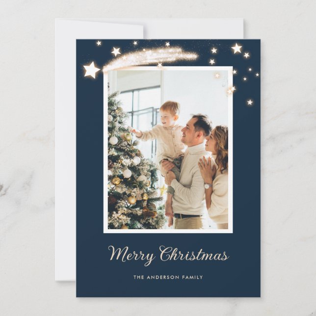 Elegant Modern Blue Stars Photo Christmas Cards (Front)