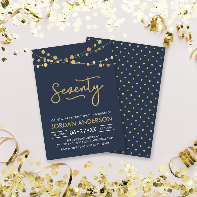 Elegant Modern Blue String of Lights 70th Birthday Invitation (Creator Uploaded)