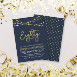 Elegant Modern Blue String of Lights 80th Birthday Invitation<br><div class="desc">Elegant 80th Birthday Party invitation featuring strings of lights and the word "Eighty" in faux gold against a dark blue background. Card includes a matching polka dot pattern back side. Check out other matching items here https://www.zazzle.com/collections/strings_of_lights_faux_gold_celebration_collection-119311942951401241?rf=238364477188679314 Personalize it by replacing the placeholder text to add your information. For more options...</div>
