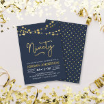 Elegant Modern Blue String of Lights 90th Birthday Invitation<br><div class="desc">Elegant 90th Birthday Party invitation featuring strings of lights and the word "Ninety" in faux gold against a dark blue background. Card includes a matching polka dot pattern back side. Check out other matching items here https://www.zazzle.com/collections/strings_of_lights_faux_gold_celebration_collection-119311942951401241?rf=238364477188679314 Personalize it by replacing the placeholder text to add your information. For more options...</div>