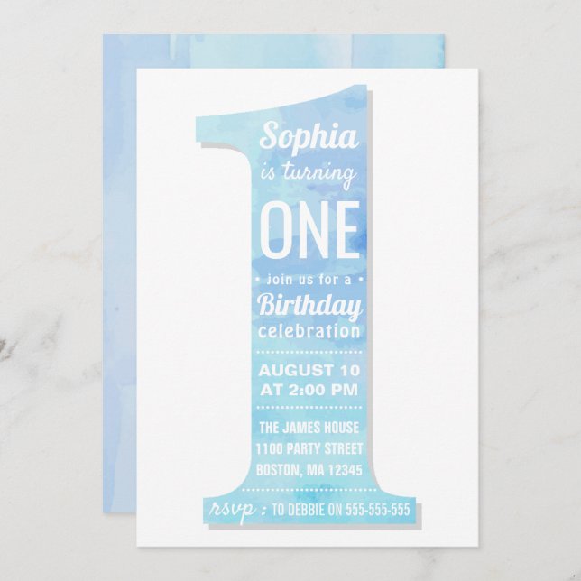 Elegant Modern Blue Watercolor Boy First Birthday Invitation (Front/Back)