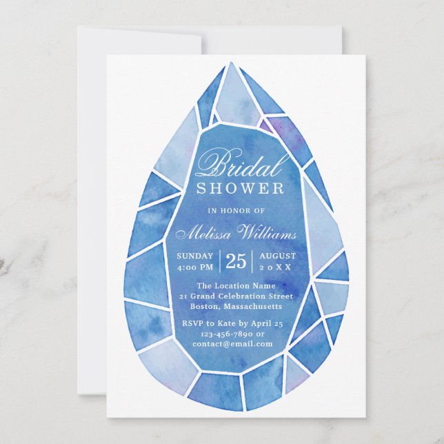 Elegant Modern Blue Watercolor Gem Bridal Shower Invitation (Front)
