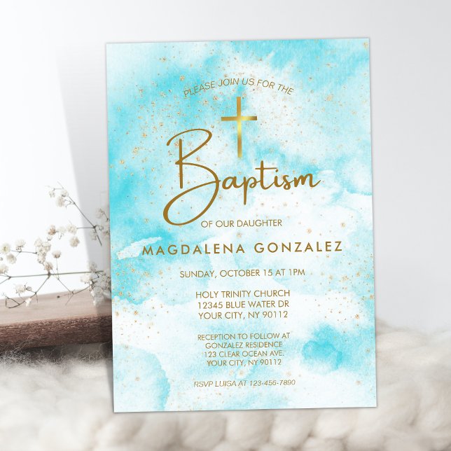 Elegant Modern Blue Watercolor Gold Cross Baptism Invitation (Creator Uploaded)