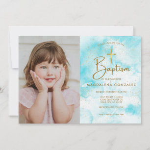 Elegant Modern Blue Watercolor Gold Cross Baptism Invitation