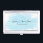 Elegant modern blue watercolor interior designer business card holder<br><div class="desc">Modern design featuring a blue watercolor texture and elegant calligraphy font.</div>