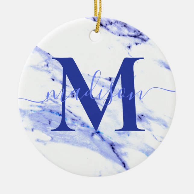 Elegant modern blue white Marble granite monogram Ceramic Ornament (Front)