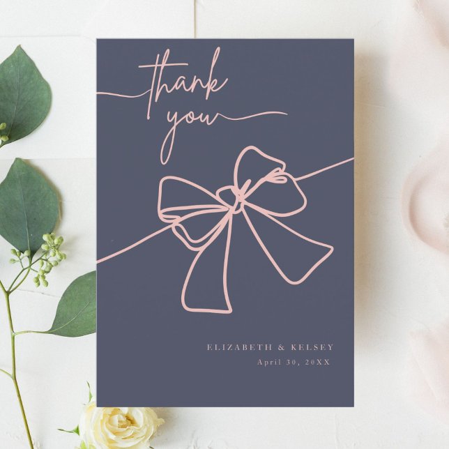 Elegant modern Blush Bow Chic Slate Blue Thank You Card (Creator Uploaded)