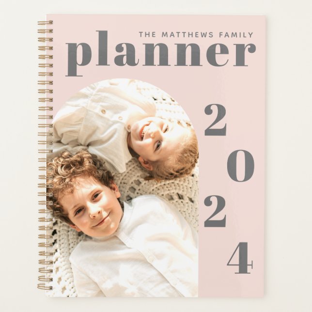 Elegant Modern Blush Pink Custom Family Photo 2023 Planner (Front)