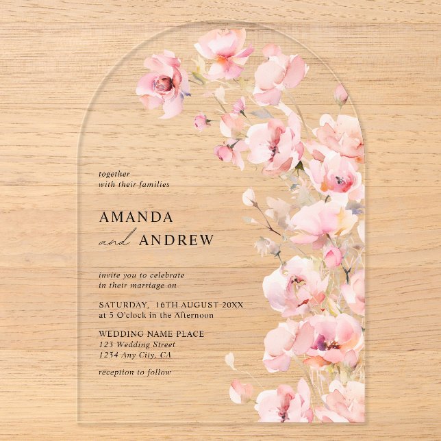  Elegant Modern Blush Pink Floral Photo Wedding Acrylic Invitations (Front)