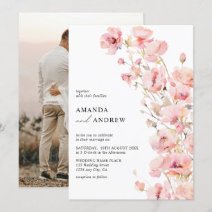  Elegant Modern Blush Pink Floral Photo Wedding Invitation