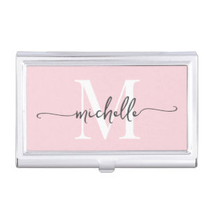 Elegant Modern Blush Pink Monogram Name Script Business Card Holder