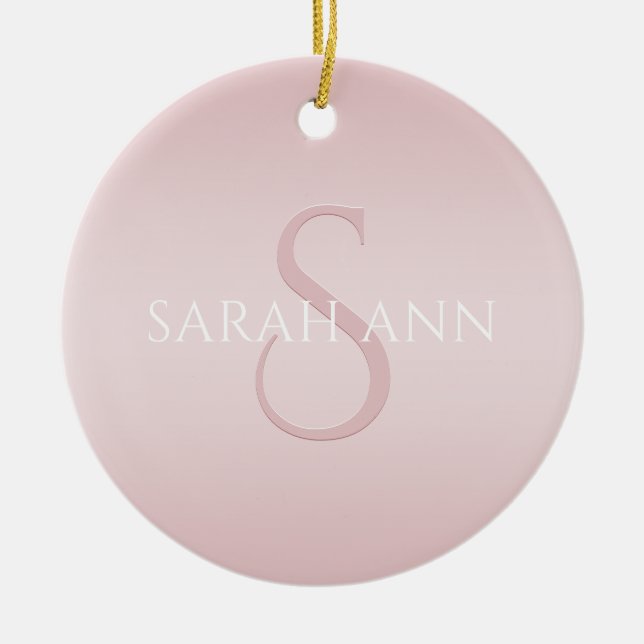 Elegant Modern Blush Pink Ombre Name & Monogram Ceramic Ornament (Front)