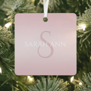 Elegant Modern Blush Pink Ombre Name & Monogram Metal Ornament