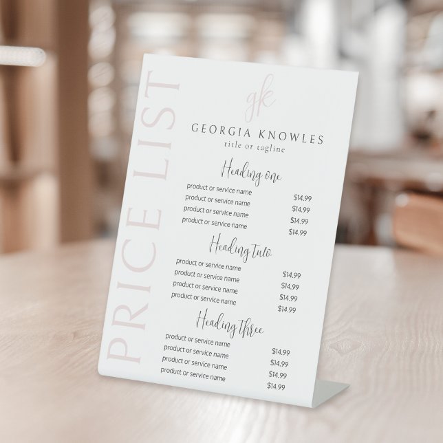 Elegant Modern Blush Pink Price List Pedestal Sign (Creator Uploaded)