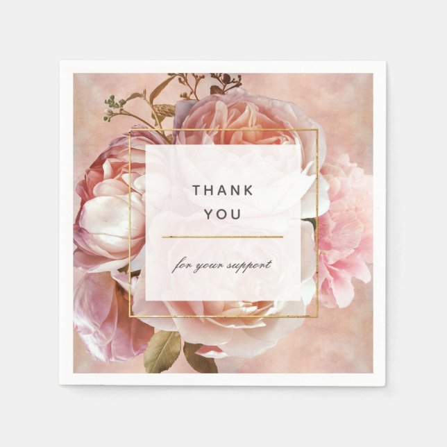 Elegant Modern Blush Pink Rose & Peony Thank You Napkin (Front)