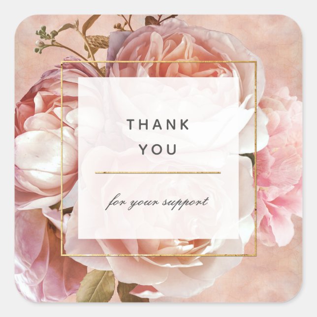 Elegant Modern Blush Pink Rose & Peony Thank You Square Sticker (Front)