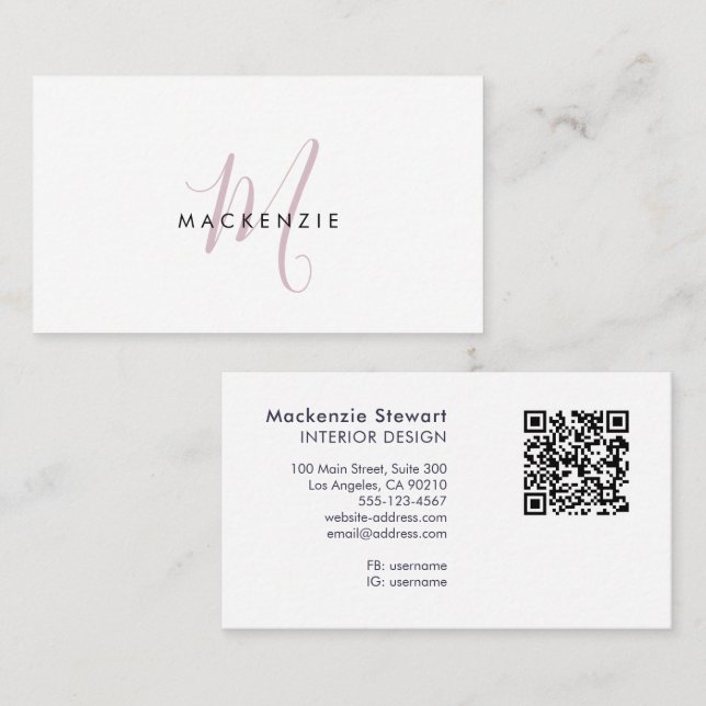 Elegant Modern Blush Pink Script Monogram QR Code Business Card (Front/Back)