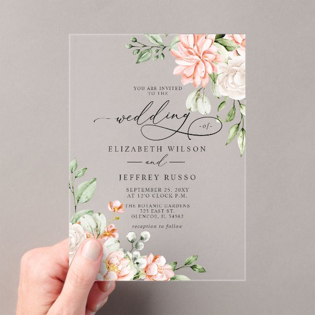 Elegant Modern Blush White Floral Wedding Acrylic Invitations (Insitu (Handheld))
