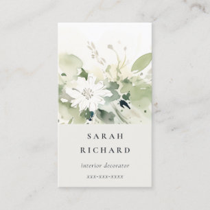 Elegant Modern Boho Abstract Green White Floral Business Card