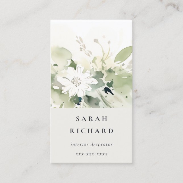 Elegant Modern Boho Abstract Green White Floral Business Card (Front)