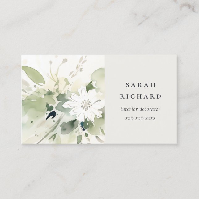 Elegant Modern Boho Abstract Green White Floral Business Card (Front)