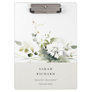 Elegant Modern Boho Abstract Green White Floral Clipboard