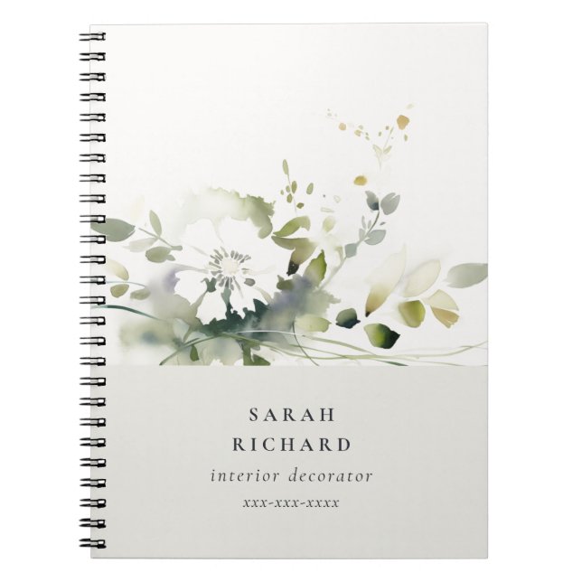 Elegant Modern Boho Abstract Green White Floral Notebook (Front)