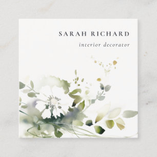 Elegant Modern Boho Abstract Green White Floral Square Business Card