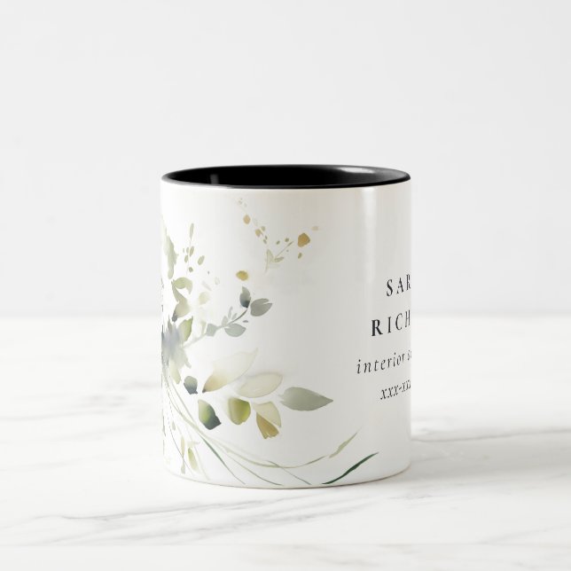 Elegant Modern Boho Abstract Green White Floral Two-Tone Coffee Mug (Center)