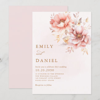 Elegant Modern Boho Blush Pink Gold Floral Wedding Invitation