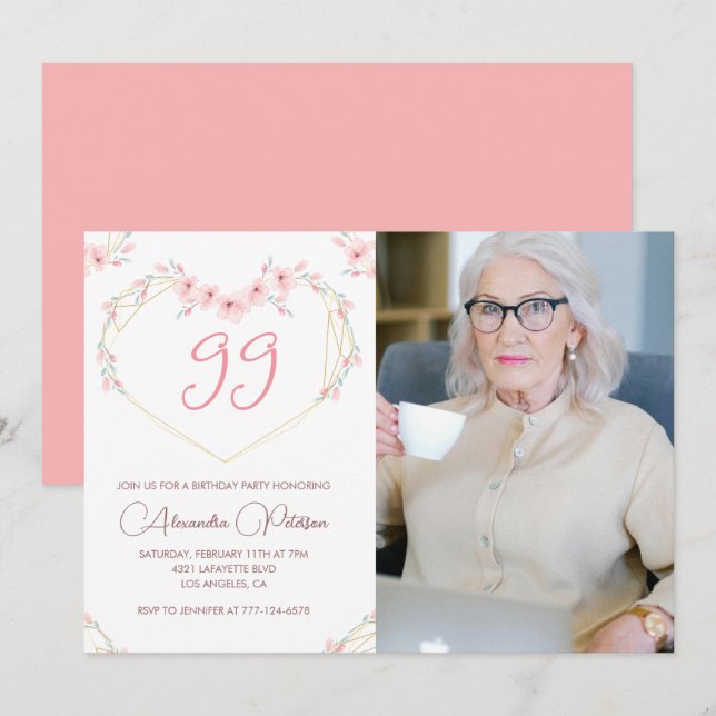 Elegant Modern Boho Floral Photo 99th birthday Invitation (Front/Back)