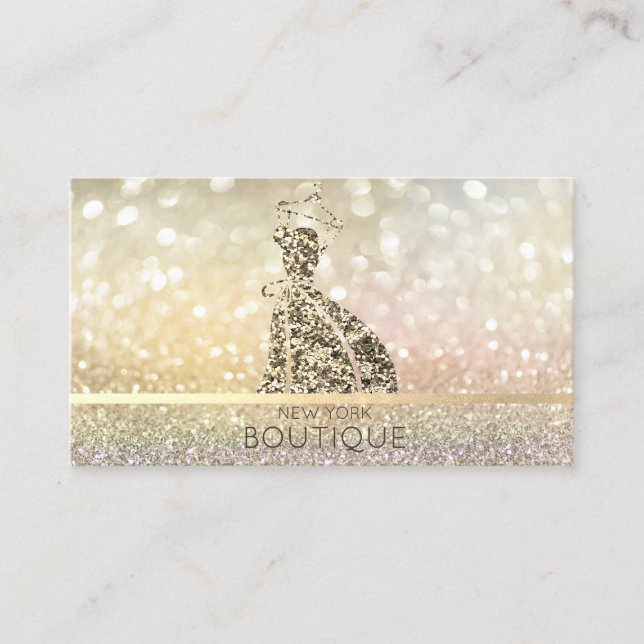 Elegant Modern Bokeh Gold Glitter Dress Business Card (Front)