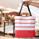 Elegant Modern Bold Stripes Monogram Initials Red Tote Bag<br><div class="desc">Elegant contemporary design features a mix of thick bands and thin stripes in crisp white and modern red.  Add two or three monogrammed initials in stylish black script. Design repeats on back.  Custom colour requests accepted.</div>