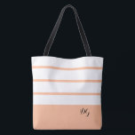 Elegant Modern Bold Stripes Monogram Trendy Peach Tote Bag<br><div class="desc">Elegant contemporary design features a mix of thick bands and thin stripes in crisp white and modern peach.  Add two or three monogrammed initials in stylish black script. Design repeats on back.  Custom colour requests accepted.</div>