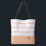 Elegant Modern Bold Stripes Monogram Trendy Peach Tote Bag<br><div class="desc">Elegant contemporary design features a mix of thick bands and thin stripes in crisp white and modern peach.  Add two or three monogrammed initials in stylish black script. Design repeats on back.  Custom colour requests accepted.</div>