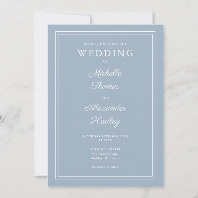 Elegant Modern Border Dusty Blue Wedding Invitation (Front)