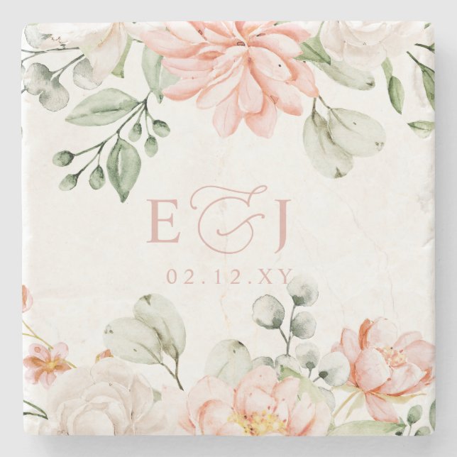 Elegant Modern Botanical Blush Pink Floral Wedding Stone Coaster (Front)