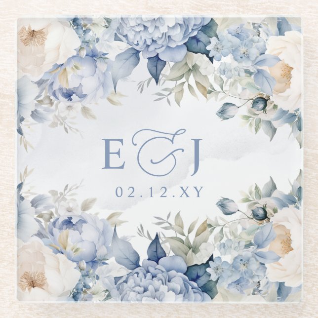 Elegant Modern Botanical Dusty Blue Floral Wedding Glass Coaster (Front)