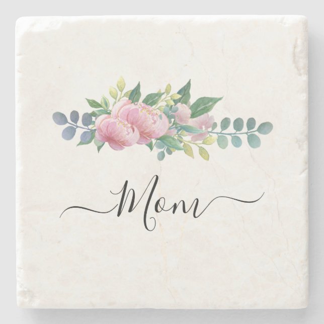 Elegant Modern Botanical Green Pink Flower Mom Stone Coaster (Front)