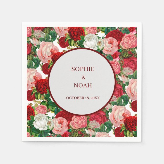 Elegant Modern Botanical Green Red Burgundy Flower Napkin (Front)