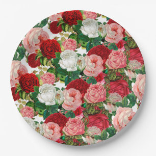 Elegant Modern Botanical Green Red Burgundy Flower Paper Plate