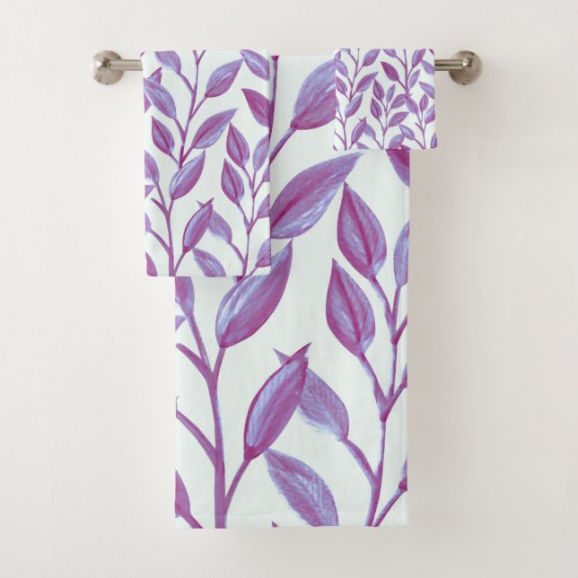 Elegant Modern Botanical Purple Leaves Pattern | Bath Towel Set (Insitu)