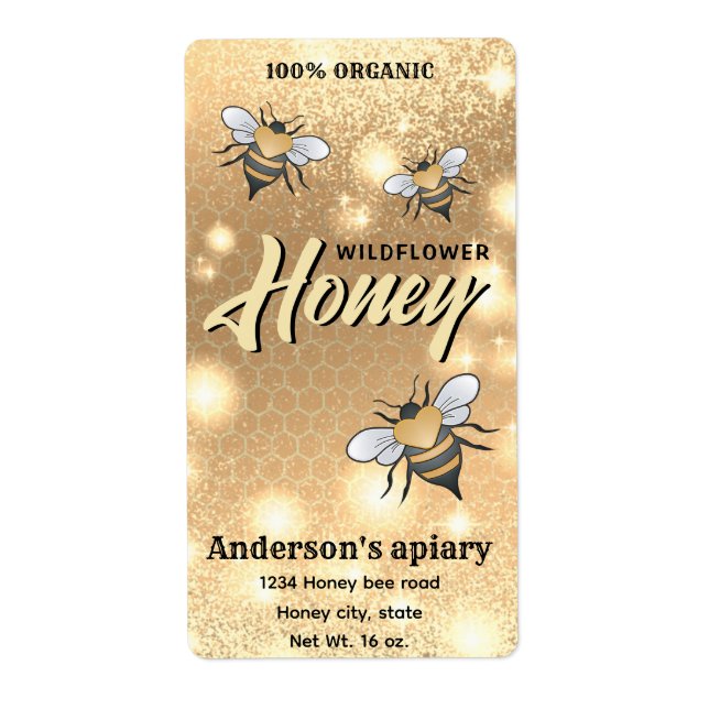 Elegant modern bright Sparkle bees honey jar label (Front)