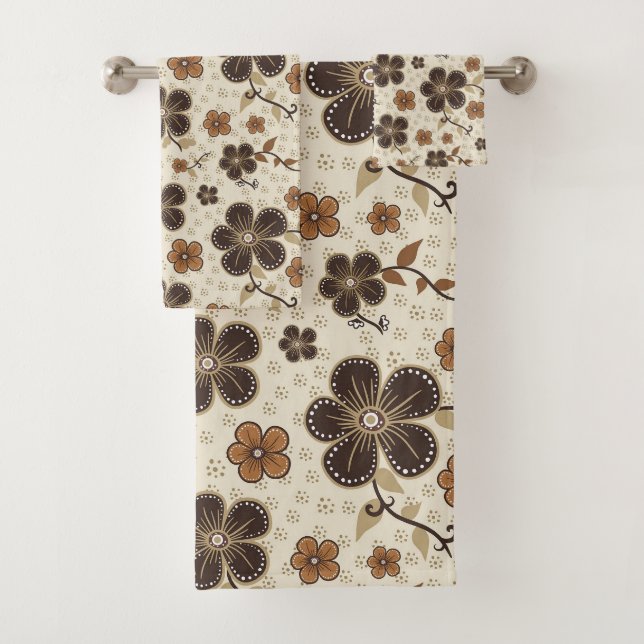 Elegant, Modern Brown Flower Pattern on Beige Bath Towel Set (Insitu)